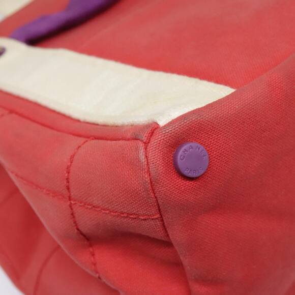 CHANEL Choco Bar Tote Bag Canvas Red Gold CC - Picture 14 of 16